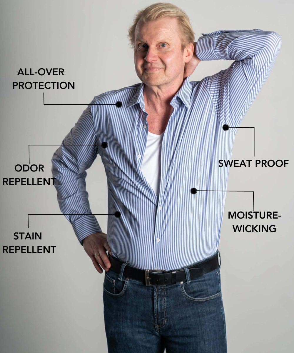 Sweat proof clothing. No sweat clothing. Clothes for sweaty guys. Sweat proof clothes. Anti sweat clothes. Sweat resistant clothing. Anti sweat clothing. Clothes that don’t show sweat. Hyperhidrosis clothing. Sweatproof clothes. Sweat absorbing clothes